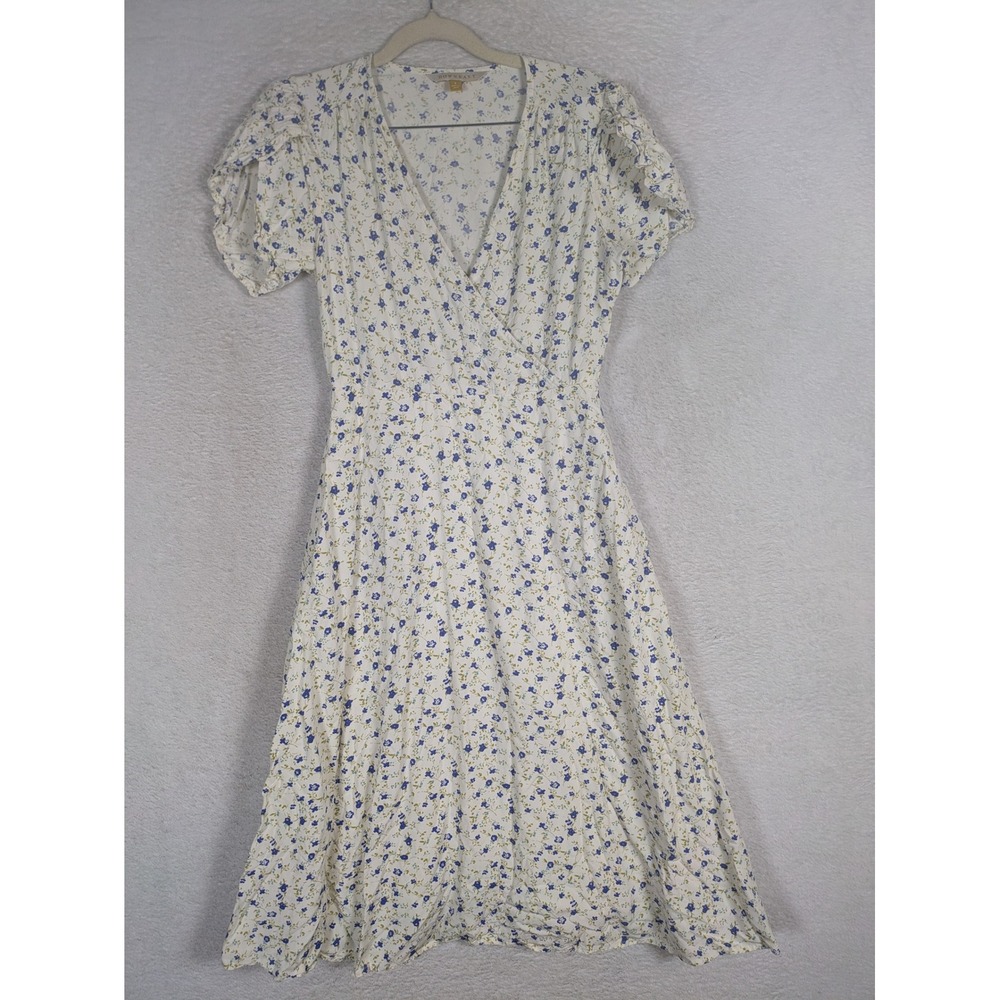 Downeast Midi Dress Women's S White Blue Floral Wrap Front Short Puff Sleeve